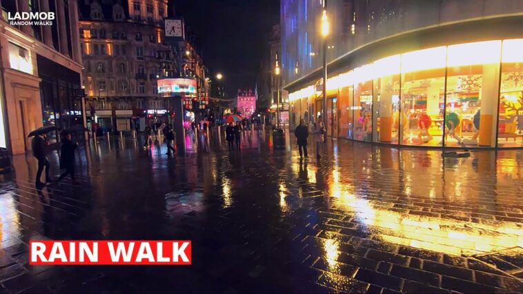 Walking London’s West End and SOHO in HEAVY RAIN - Saturday Evening City Ambience
